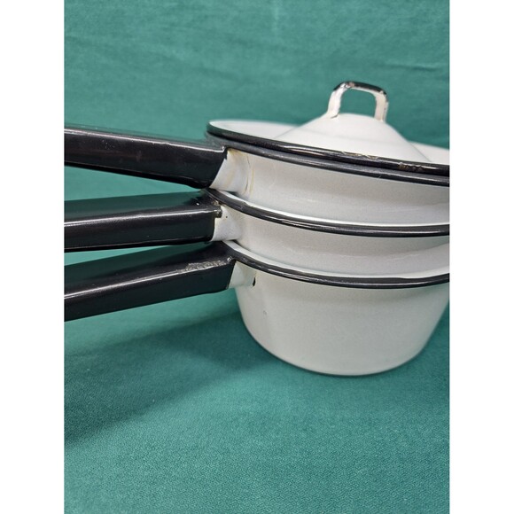 Vintage Enamelware White & Black Enamel 6" Pots Set of 3 with 1 Lid Sauce Soup - Picture 12 of 12